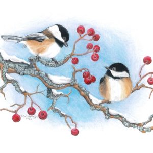 two chickadee birds rest on a snowy branch with red berries