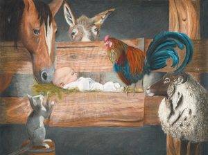 Christmas nativity image of baby Jesus in a manger surrounded by sheep, horse, donkey, cat, and rooster