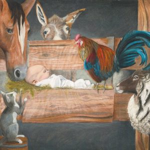 Christmas nativity image of baby Jesus in a manger surrounded by sheep, horse, donkey, cat, and rooster