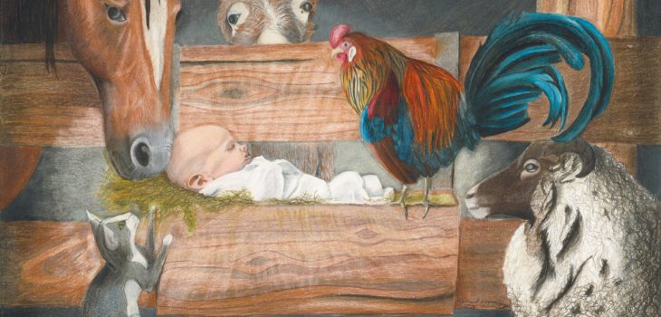 Christmas nativity image of baby Jesus in a manger surrounded by sheep, horse, donkey, cat, and rooster
