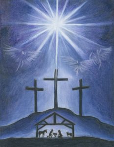 Christmas manger scene under the silhouette of three crosses on the hill, with a bright star and angels in the sky above