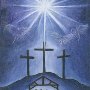 Christmas manger scene under the silhouette of three crosses on the hill, with a bright star and angels in the sky above