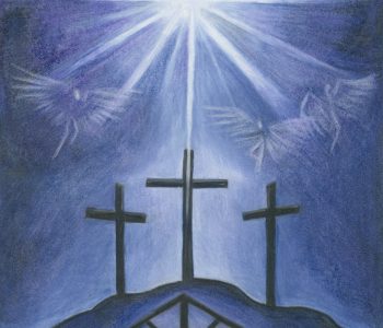 Christmas manger scene under the silhouette of three crosses on the hill, with a bright star and angels in the sky above