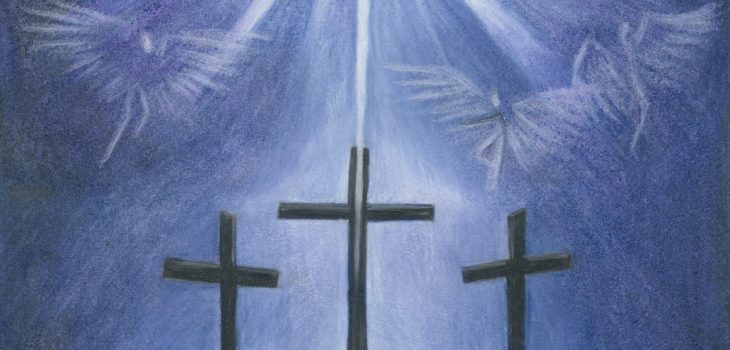 Christmas manger scene under the silhouette of three crosses on the hill, with a bright star and angels in the sky above