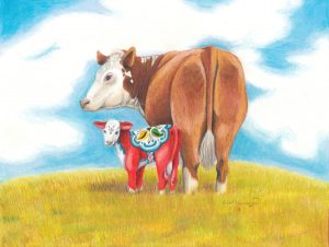 Hereford cow with dala calf stand in a dry pasture