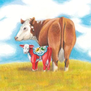 Hereford cow with dala calf stand in a dry pasture