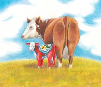 Hereford cow with dala calf stand in a dry pasture