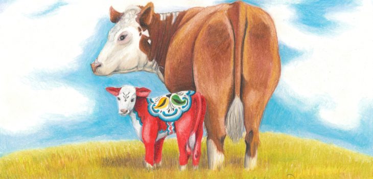 Hereford cow with dala calf stand in a dry pasture