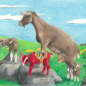 Nanny goat keeps watch over her three kids, one of which is a red dala goat