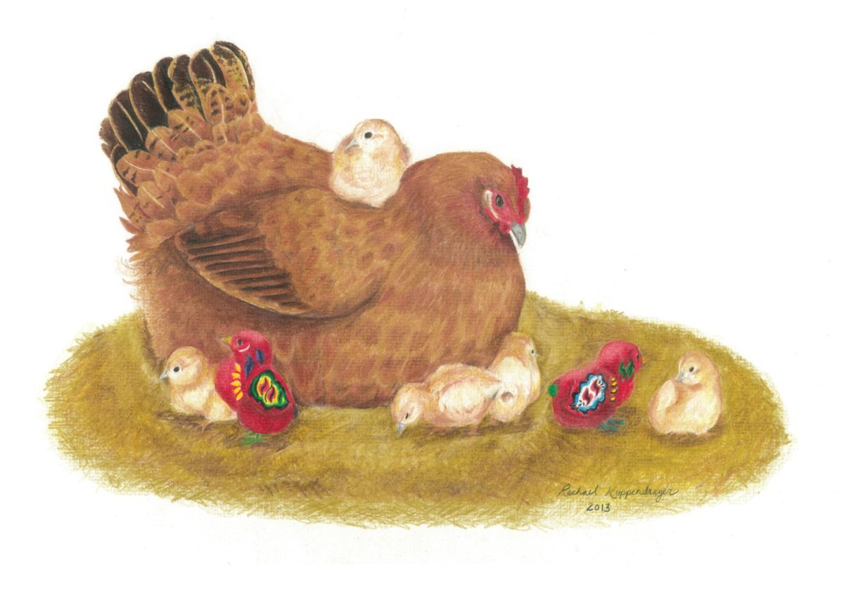 Little red banty chicken watches over her chicks, which include two red dala chicks