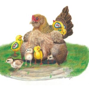 Wary mama chicken keeps her chicks close, which includes three yellow dala chicks