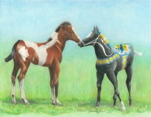 bay paint foal warily meets a black dala horse foal
