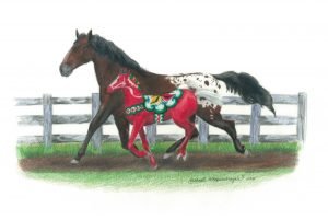 Little red dala foal runs alongside a bay appaloosa mare