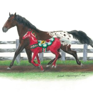 Little red dala foal runs alongside a bay appaloosa mare