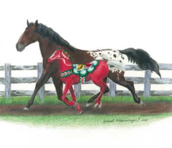 Little red dala foal runs alongside a bay appaloosa mare