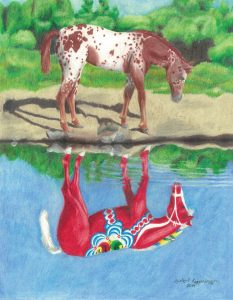 Strawberry roam appaloosa looks at its dala horse reflection in the lake