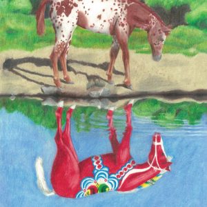 Strawberry roam appaloosa looks at its dala horse reflection in the lake