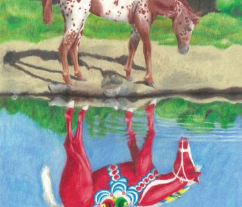Strawberry roam appaloosa looks at its dala horse reflection in the lake