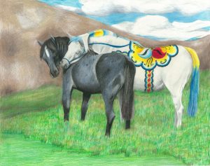 White dala horse hugs a blue roan