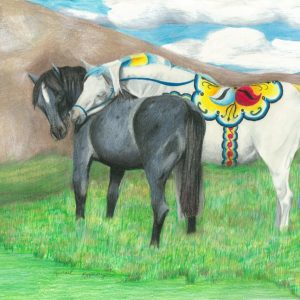White dala horse hugs a blue roan