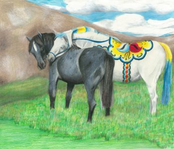 White dala horse hugs a blue roan