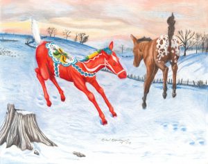 Appaloosa foal and red dala foal leap around in the new snow