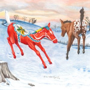 Appaloosa foal and red dala foal leap around in the new snow