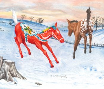 Appaloosa foal and red dala foal leap around in the new snow