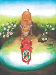 Reddish pig looks at its dala pig reflection in a mud hole
