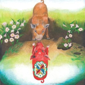 Reddish pig looks at its dala pig reflection in a mud hole