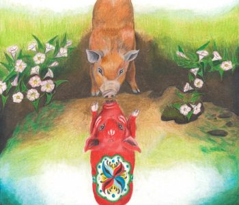 Reddish pig looks at its dala pig reflection in a mud hole