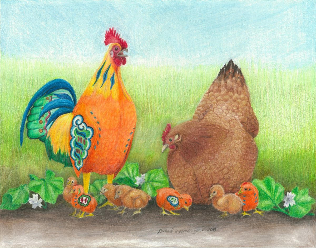 Orange dala rooster crows next to brown banty chicken and her chicks