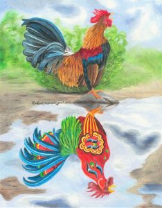 Rooster crows over the reflection of a dala chicken in the puddle