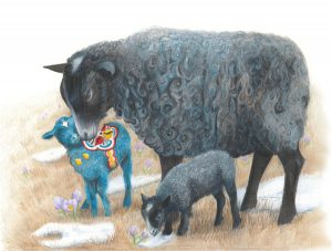 Gotland ewe nuzzles her blue dala lamb