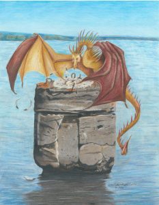 a dragon nests on the pillar of Uncle Harvey's Mausoleum in Duluth Minnesota
