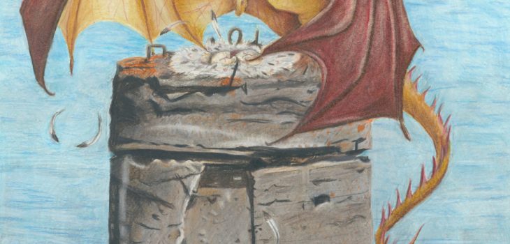 a dragon nests on the pillar of Uncle Harvey's Mausoleum in Duluth Minnesota