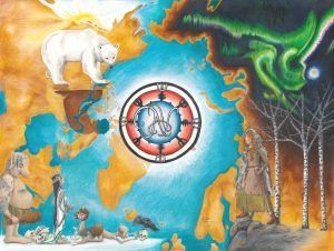 Map of the North Pole with sun in the west, moon in the east, and northern lights, polar bear with man's shadow, trolls, and girl surrounding it