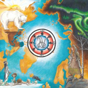 Map of the North Pole with sun in the west, moon in the east, and northern lights, polar bear with man's shadow, trolls, and girl surrounding it
