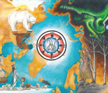 Map of the North Pole with sun in the west, moon in the east, and northern lights, polar bear with man's shadow, trolls, and girl surrounding it