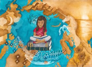 Reading girl sits on a stack of books with fantastic creatures, scenes, and stars in the map-like background