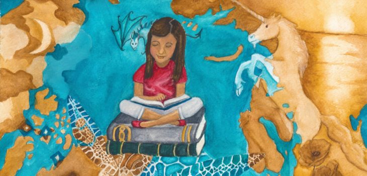 Reading girl sits on a stack of books with fantastic creatures, scenes, and stars in the map-like background