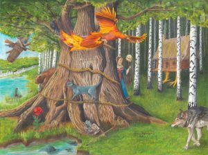 Firebird flies past the learned cat with other russian fairy tale characters