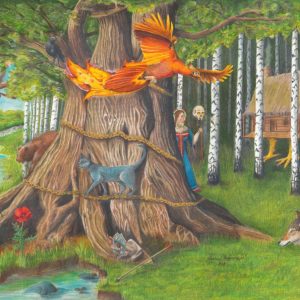 Firebird flies past the learned cat with other russian fairy tale characters