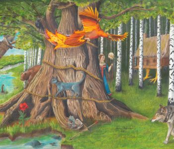 Firebird flies past the learned cat with other russian fairy tale characters