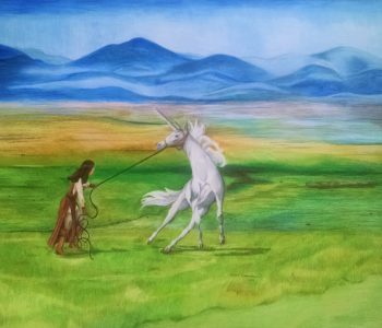 girl taming a wild unicorn in the steppes of central Asia