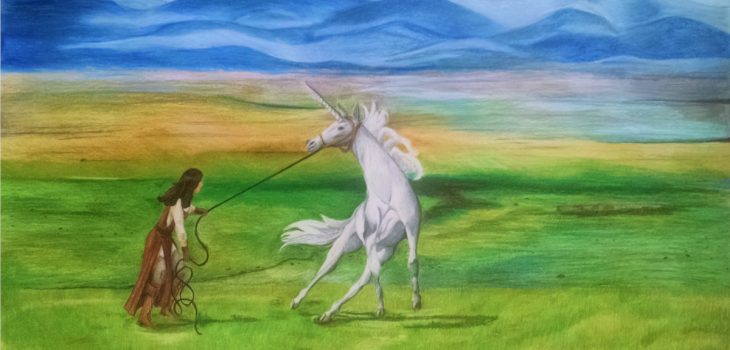 girl taming a wild unicorn in the steppes of central Asia