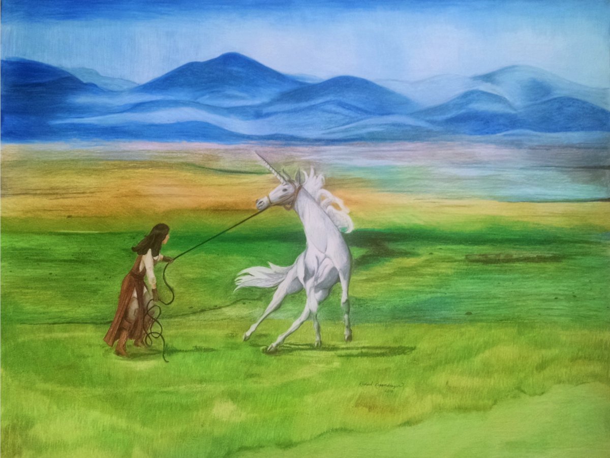 girl taming a wild unicorn in the steppes of central Asia