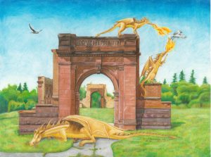 Young dragons breathe fire at a seagull from the ruins of UMD's Old Main in Duluth, Minnesota, while mama dragon sleeps below.