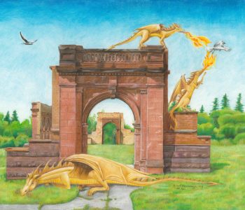 Young dragons breathe fire at a seagull from the ruins of UMD's Old Main in Duluth, Minnesota, while mama dragon sleeps below.