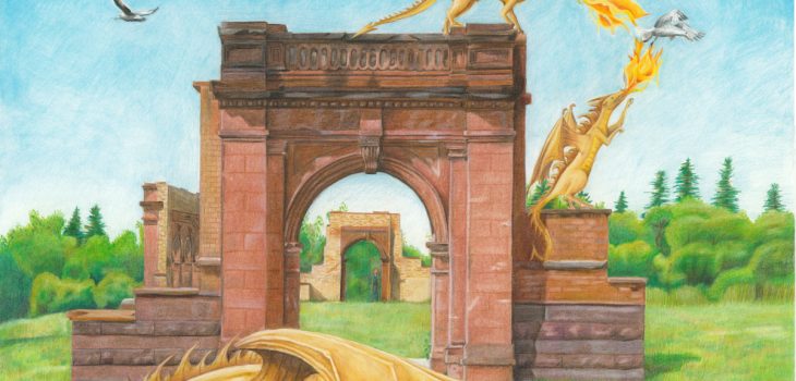 Young dragons breathe fire at a seagull from the ruins of UMD's Old Main in Duluth, Minnesota, while mama dragon sleeps below.